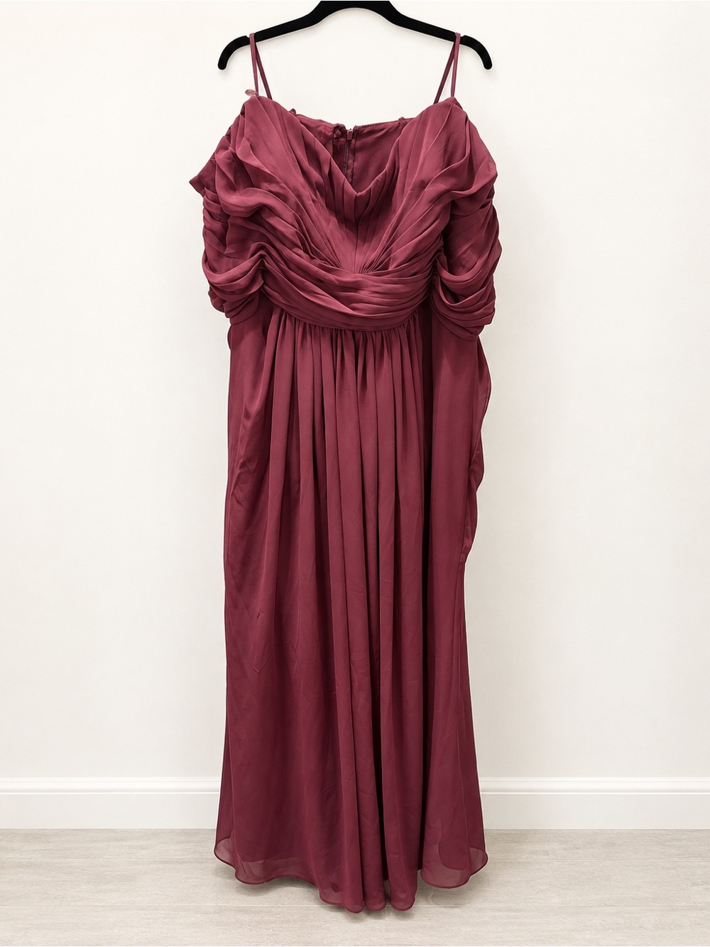 David's Bridal Strapless Ruched Wine-Red Chiffon Gown